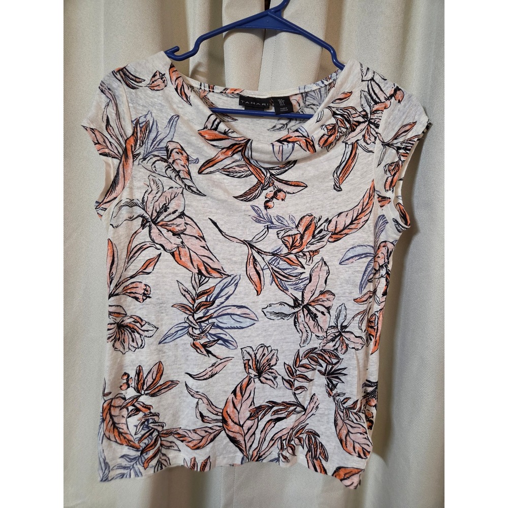 Tahari 100% Linen Floral Cowl Neck Cap Sleeve Top Small Peach Blue Gray Tropical